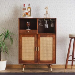 Solid Wood Rattan Cane Bar Cabinet with Glass Holder Storage